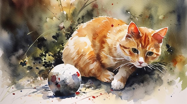 A watercolor painting of a cat and a ball