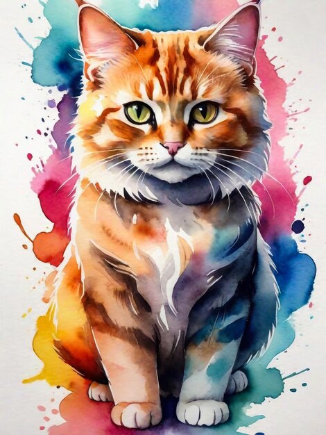 A watercolor painting of a cat color splash multicolor abstract digital art paint splash white