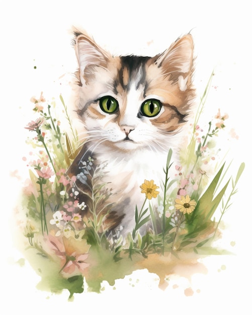 花畑にいる猫を描いた水彩画。