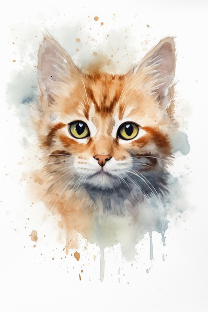 A watercolor painting of a cat's head with yellow eyes.