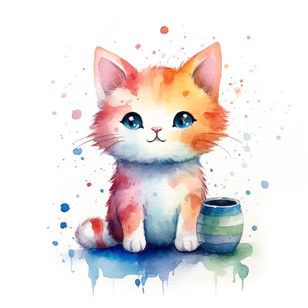 A watercolor painting of a cat with blue eyes sits on a wooden barrel.