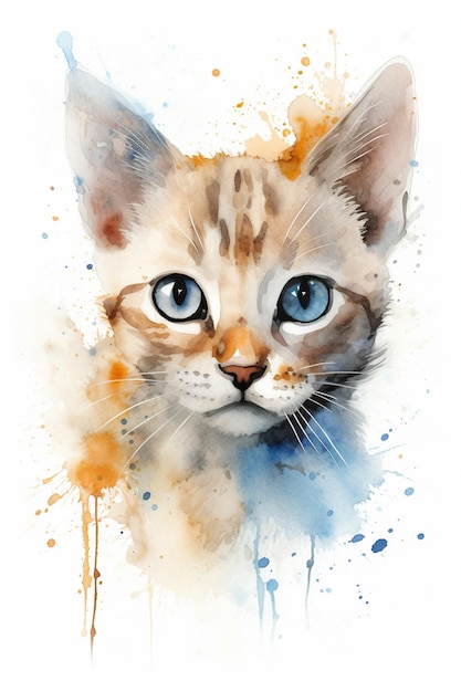 A watercolor painting of a cat with blue eyes.