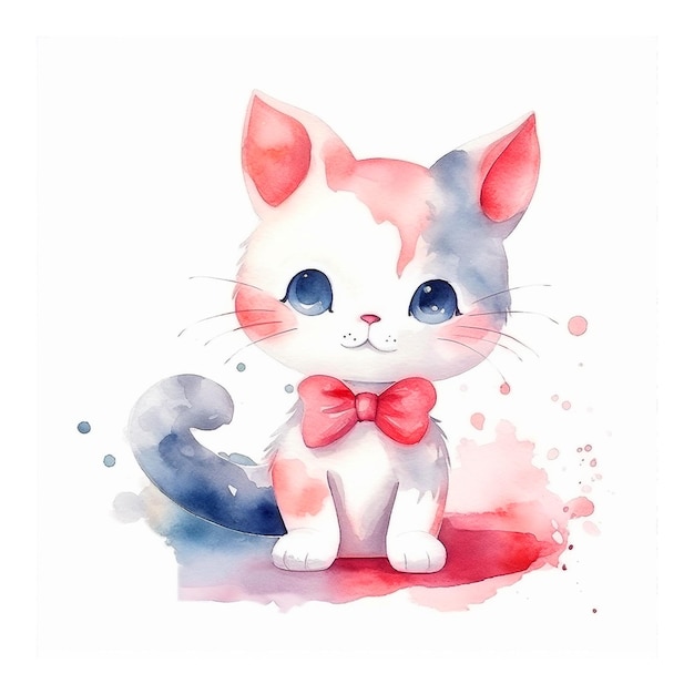 Watercolor painting of a cat with a bow on its head.