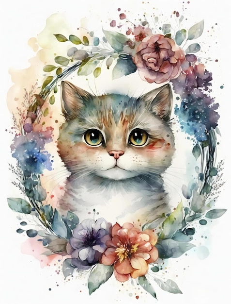 A watercolor painting of a cat with flowers and leaves