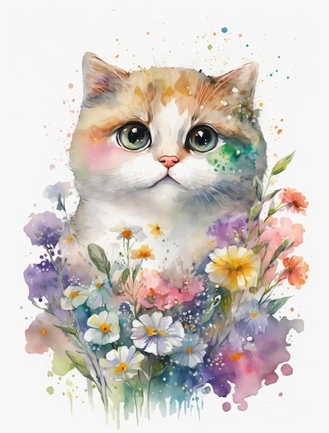 A watercolor painting of a cat with flowers.