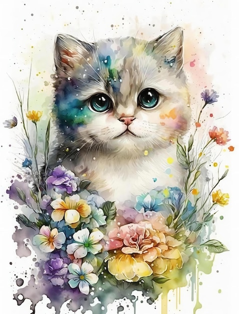 A watercolor painting of a cat with flowers.