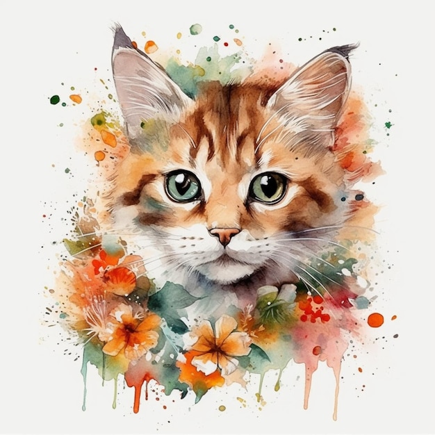 A watercolor painting of a cat with flowers.