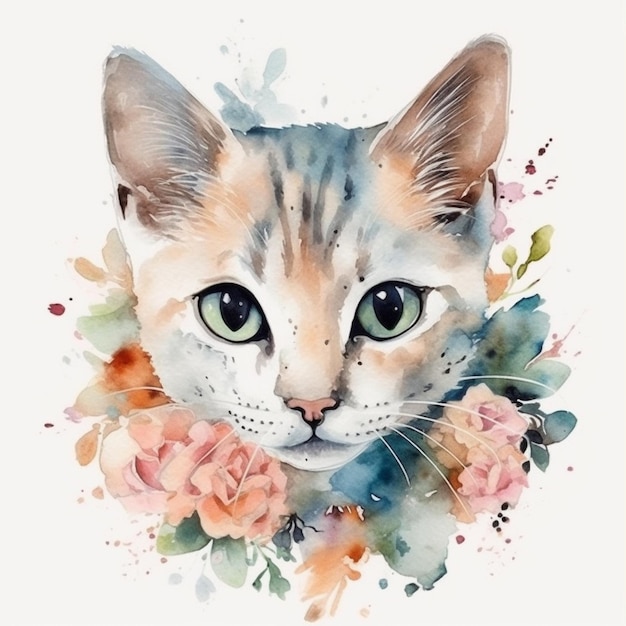 A watercolor painting of a cat with flowers.