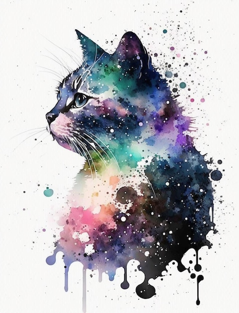 A watercolor painting of a cat with the word on it