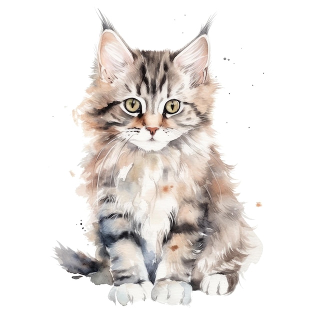 A watercolor painting of a cat with yellow eyes.