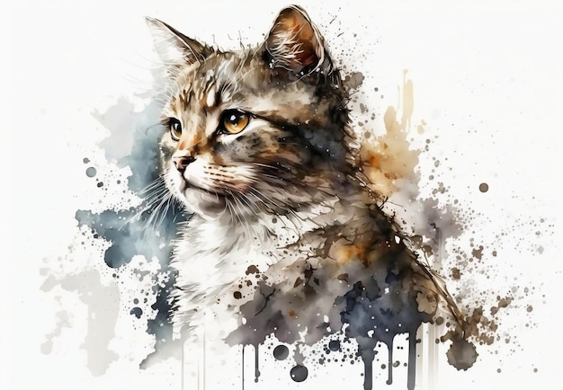 A watercolor painting of a cat with yellow eyes.