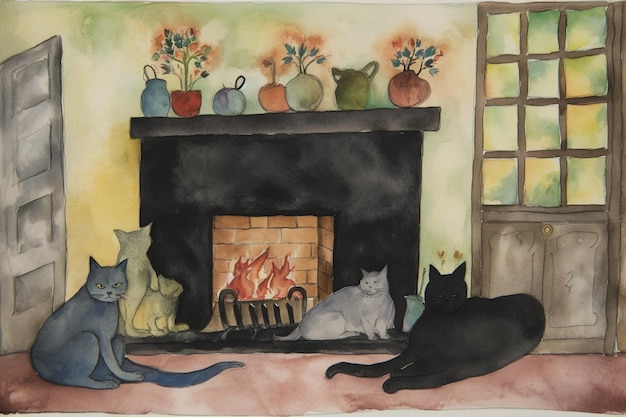 A watercolor painting of cats by a fireplace