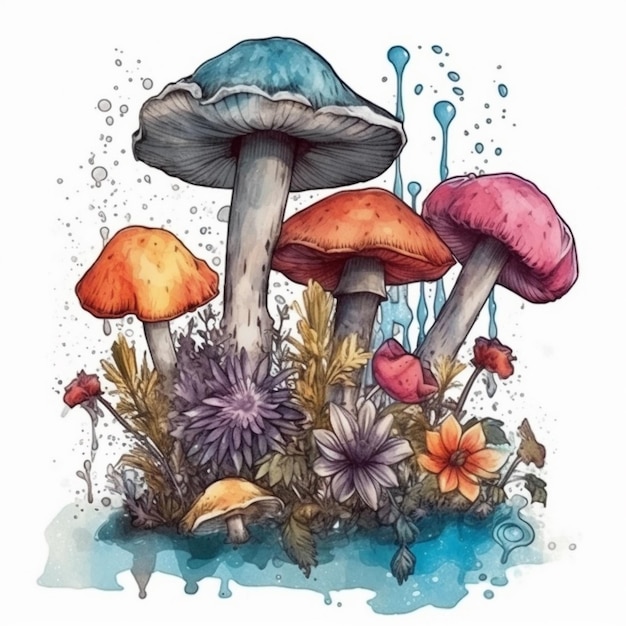 Watercolor painting of a charming bouquet of flowers and mushrooms