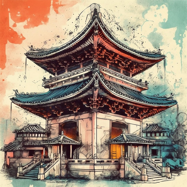 Watercolor painting of a charming temple