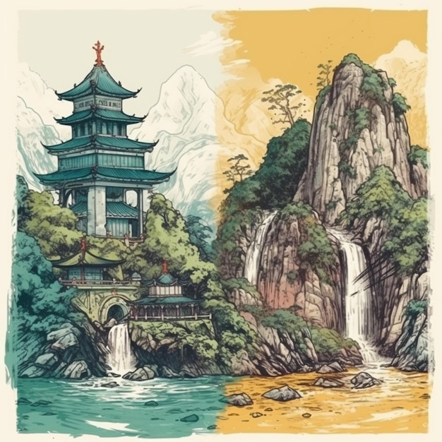 Watercolor painting of a charming temple