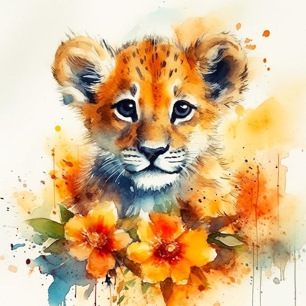 Watercolor painting of a cheetah cub with flowers