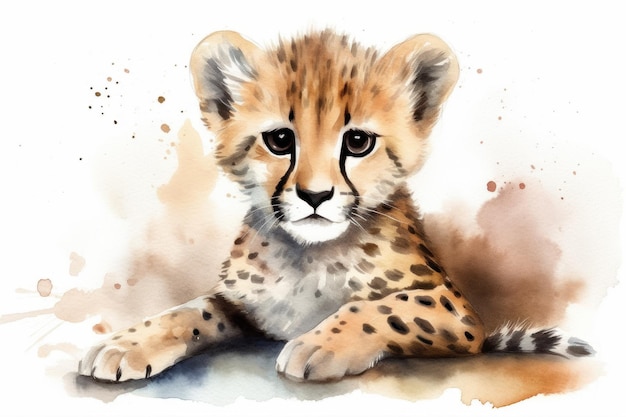 A watercolor painting of a cheetah cub