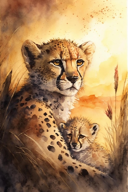 A watercolor painting of a cheetah and her cub