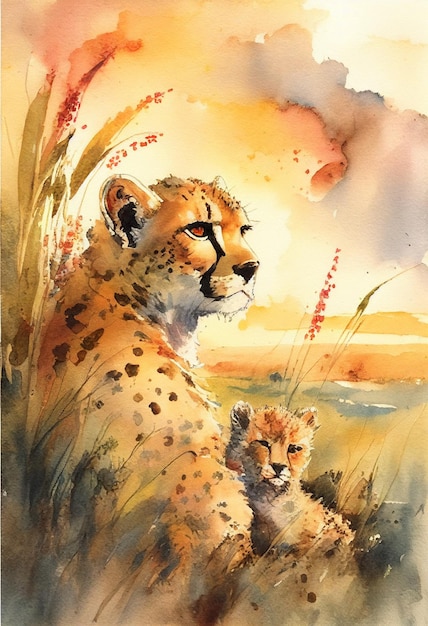 Watercolor painting of a cheetah and her cubs