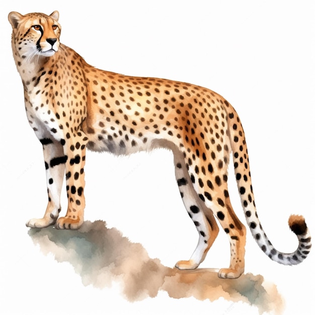 A watercolor painting of a cheetah standing on a rock.