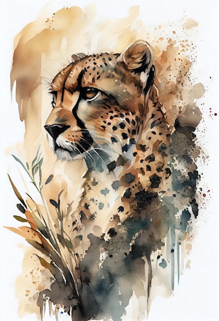 A watercolor painting of a cheetah with a green plant.