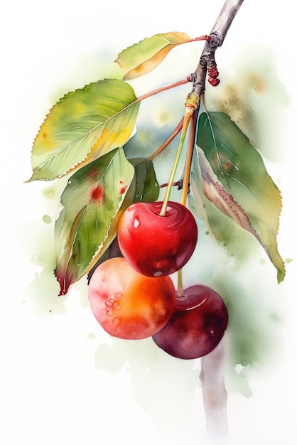 Watercolor painting of cherries on a branch