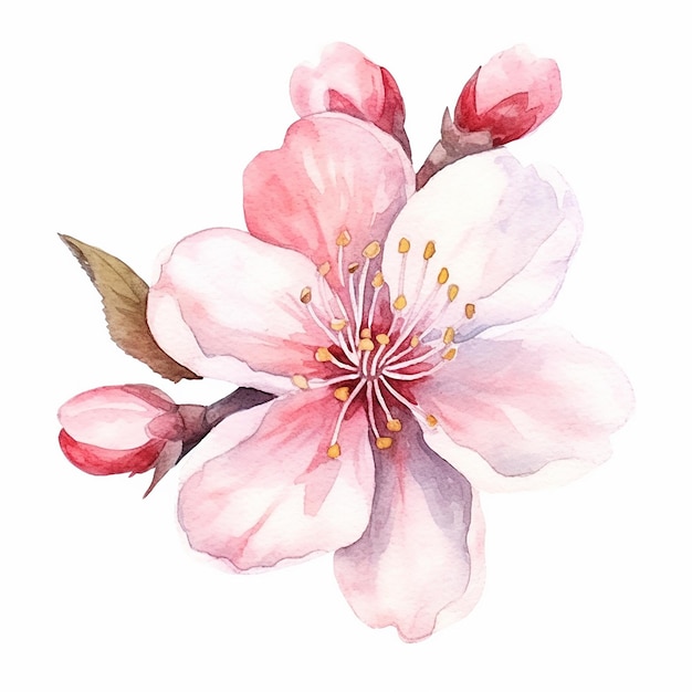 A watercolor painting of a cherry blossom with pink flowers.