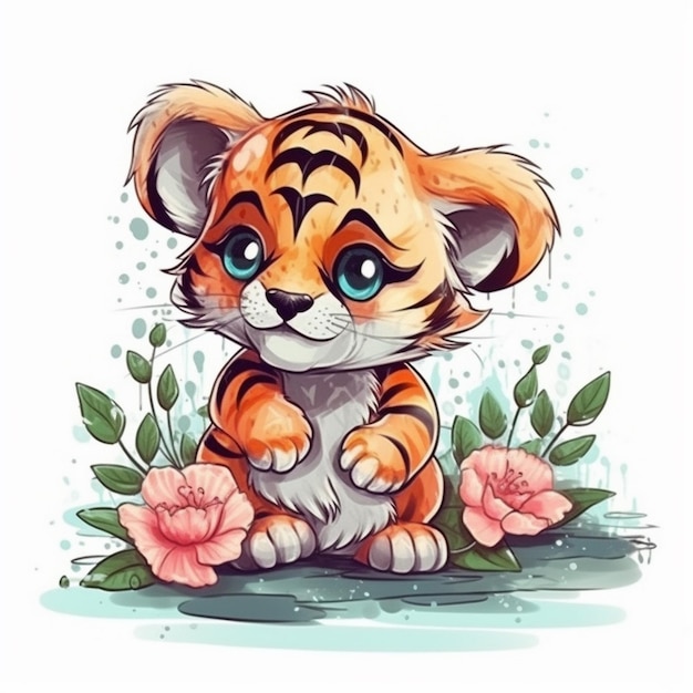 Watercolor painting of Chibi cub Tiger