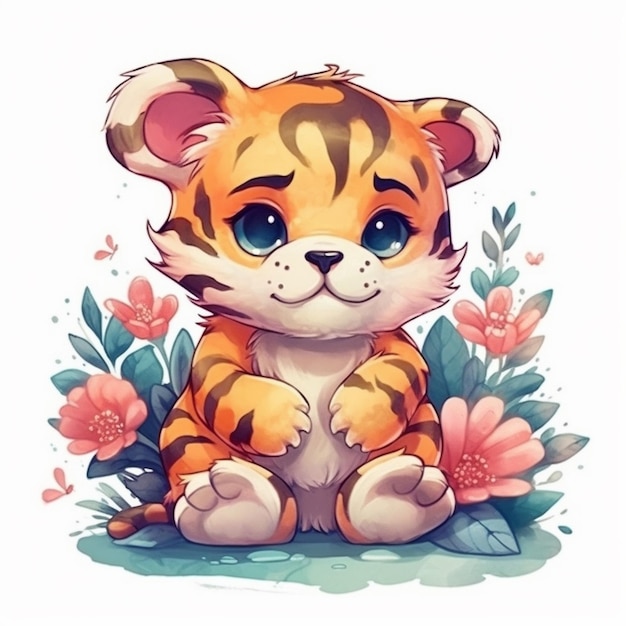 Watercolor painting of Chibi cub Tiger