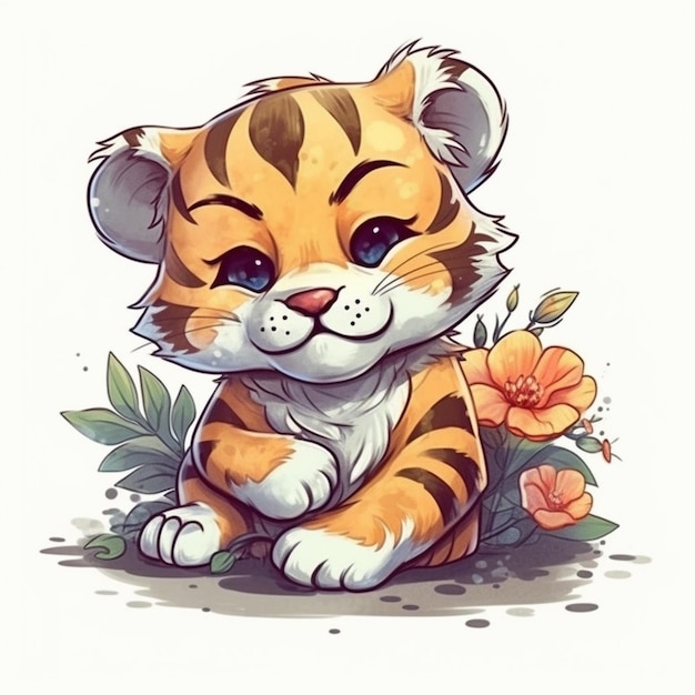 Watercolor painting of Chibi cub Tiger