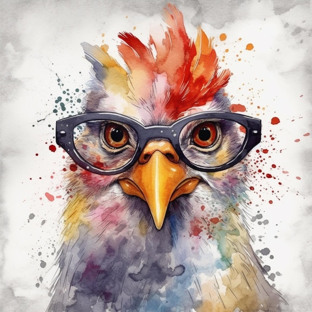 A watercolor painting of a chicken with glasses and a red head.