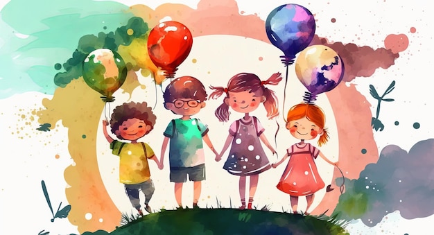 A watercolor painting of children holding balloons