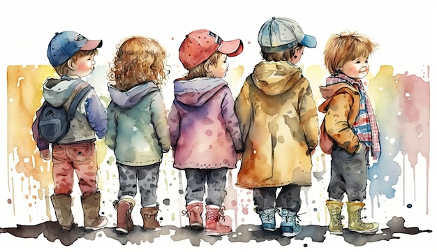 A watercolor painting of children in a line