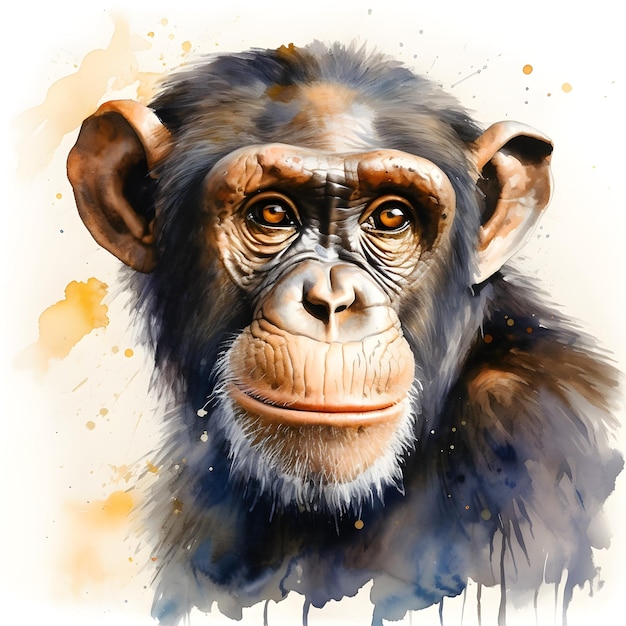 A watercolor painting of a chimpanzee with a blue background.