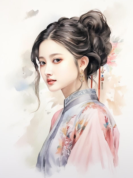 Photo watercolor painting chinese girl chinoiserie portrait wallpaper