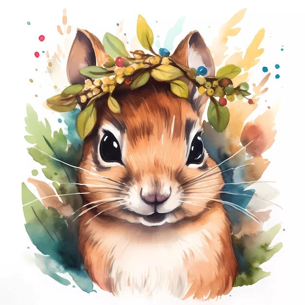 A watercolor painting of a chipmunk with leaves