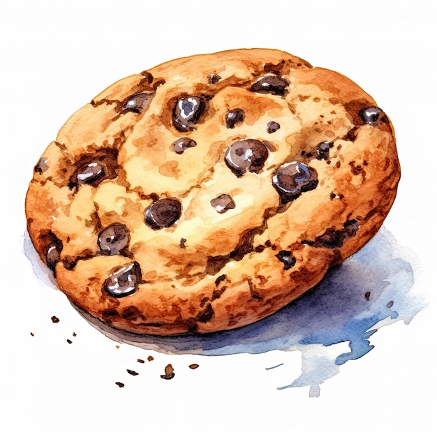 A watercolor painting of a chocolate chip cookie.