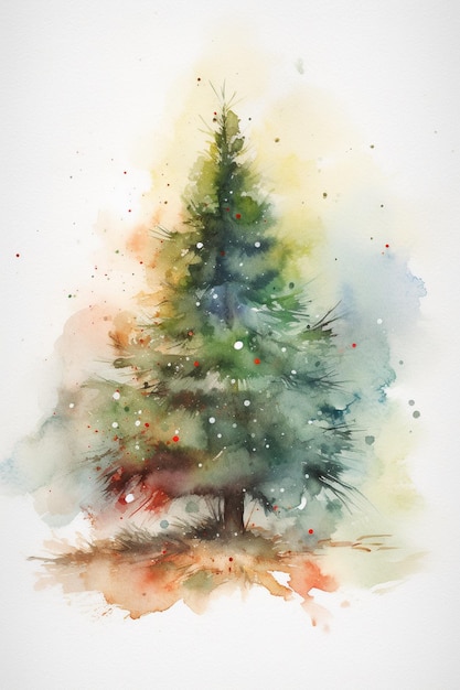 Watercolor painting of a christmas tree with snow falling on it