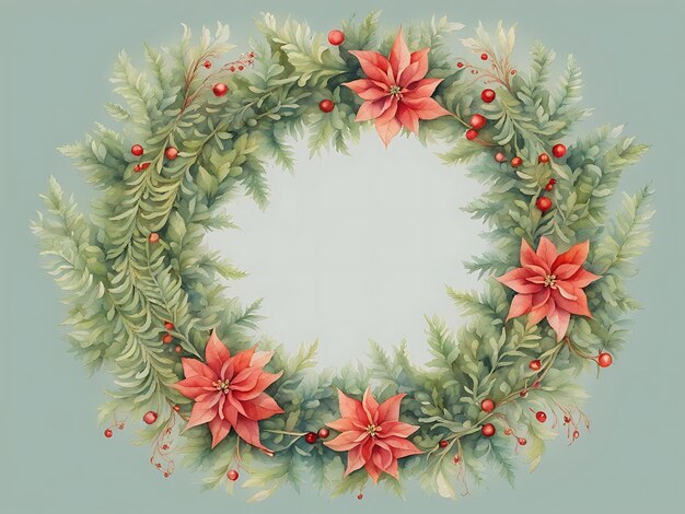 クリスマス リースの水彩画 シダの花輪 精巧な花飾り 装飾的
