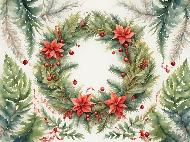 watercolor painting of a christmas wreath wreath of ferns elaborate floral ornament decorative