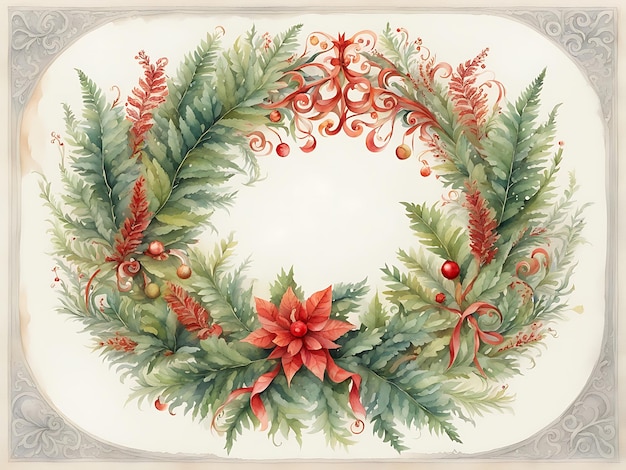 Photo watercolor painting of a christmas wreath wreath of ferns elaborate floral ornament decorative