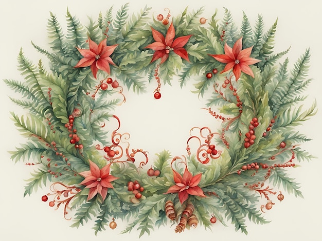 Photo watercolor painting of a christmas wreath wreath of ferns elaborate floral ornament decorative