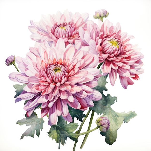 Watercolor painting of chrysanthemum with white background