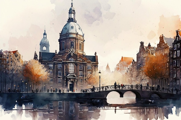 Photo a watercolor painting of a church in amsterdam