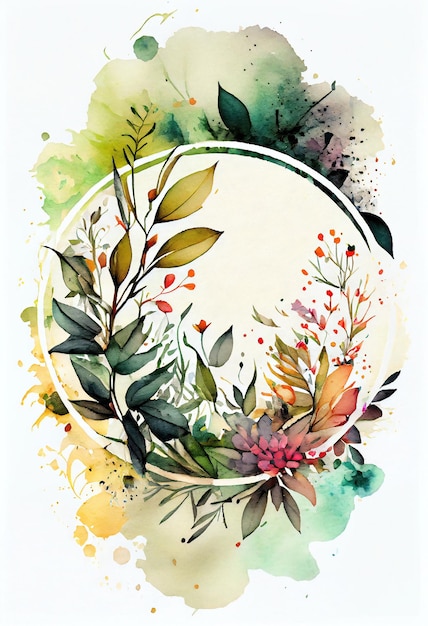 A watercolor painting of a circle with a flower in the center.