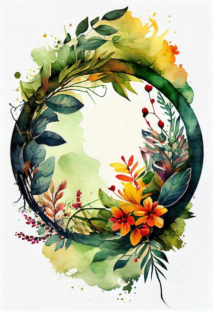 A watercolor painting of a circle with a flower and leaves.