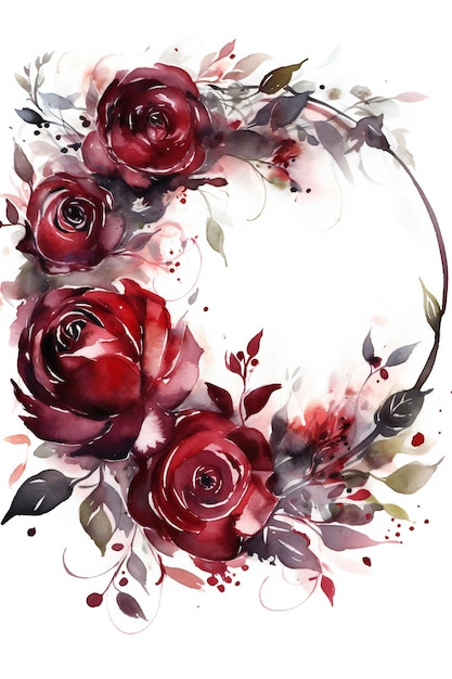 A watercolor painting of a circle with red roses.