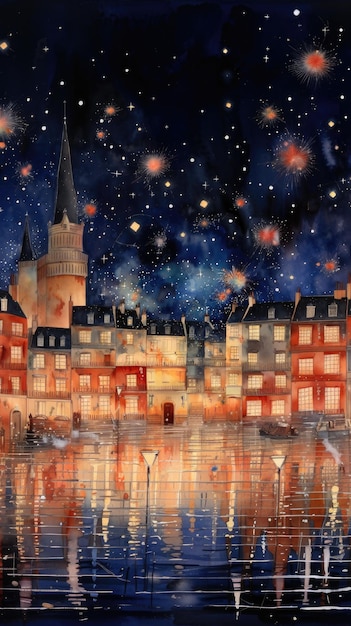 a watercolor painting of a city at night with a red door and a city in the background.