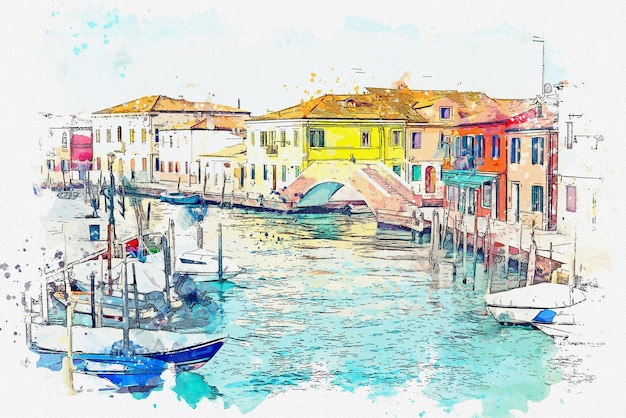 Watercolor painting city scape of Venice famous landmark at ItalyVenezia Italy