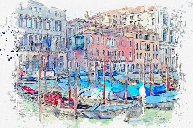Watercolor painting city scape of Venice famous landmark at ItalyVenezia Italy